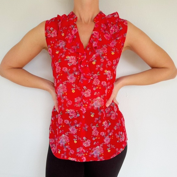 CAbi Tops - CAbi red floral sleeveless ruffle trim sheer fabric blouse size small